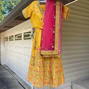 Beautiful Embroidered Yellow, Gold & Pink Lehenga with Cancan